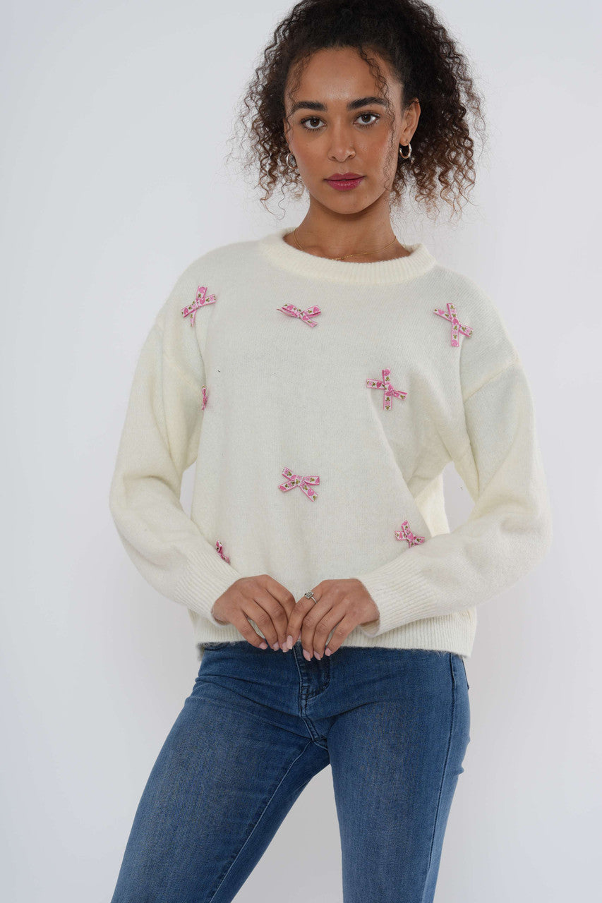 Gebreide trui met strikdetail – Wit