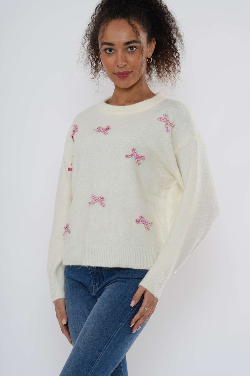 Gebreide trui met strikdetail – Wit
