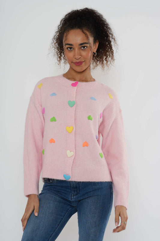 Gebreid vest met hartjesdetail – Zachtroze