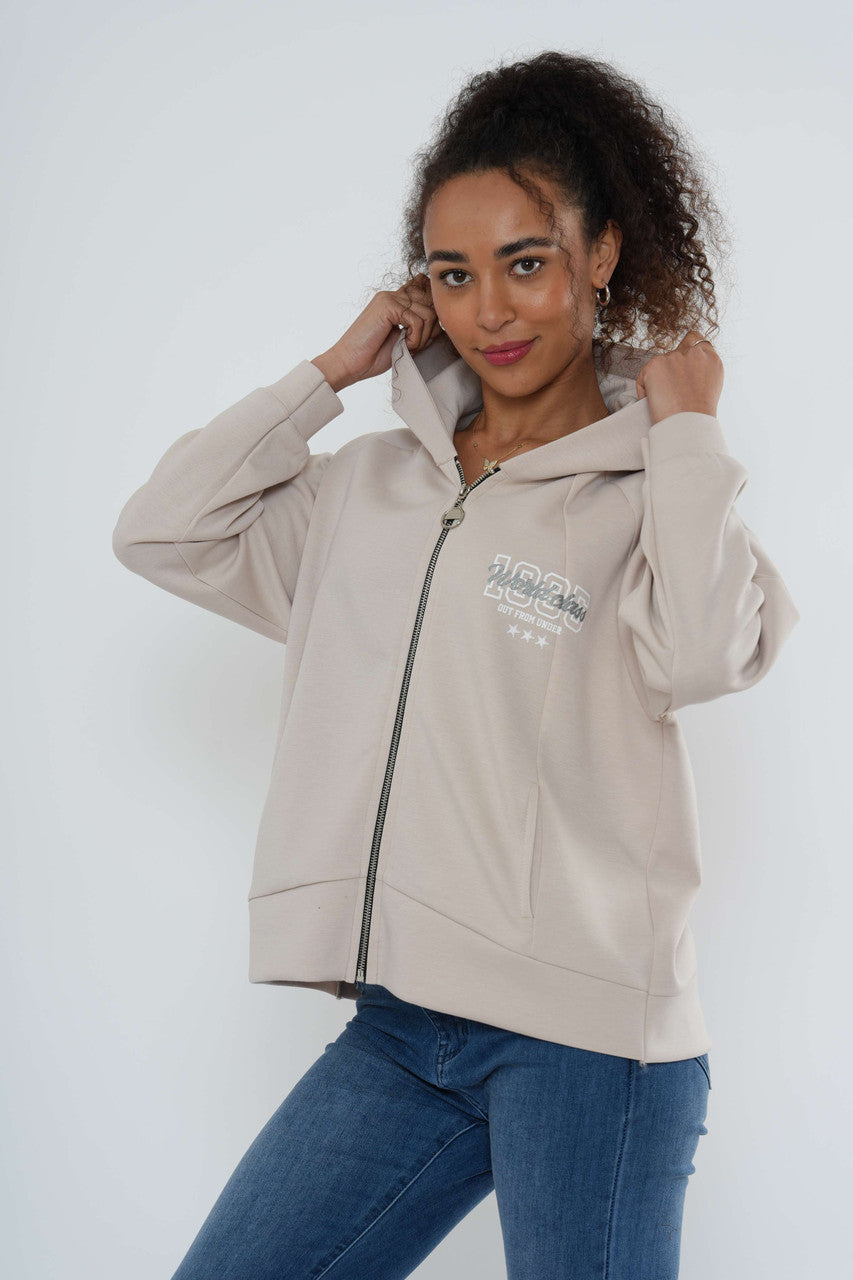 Grafische hoodie met rits – Beige