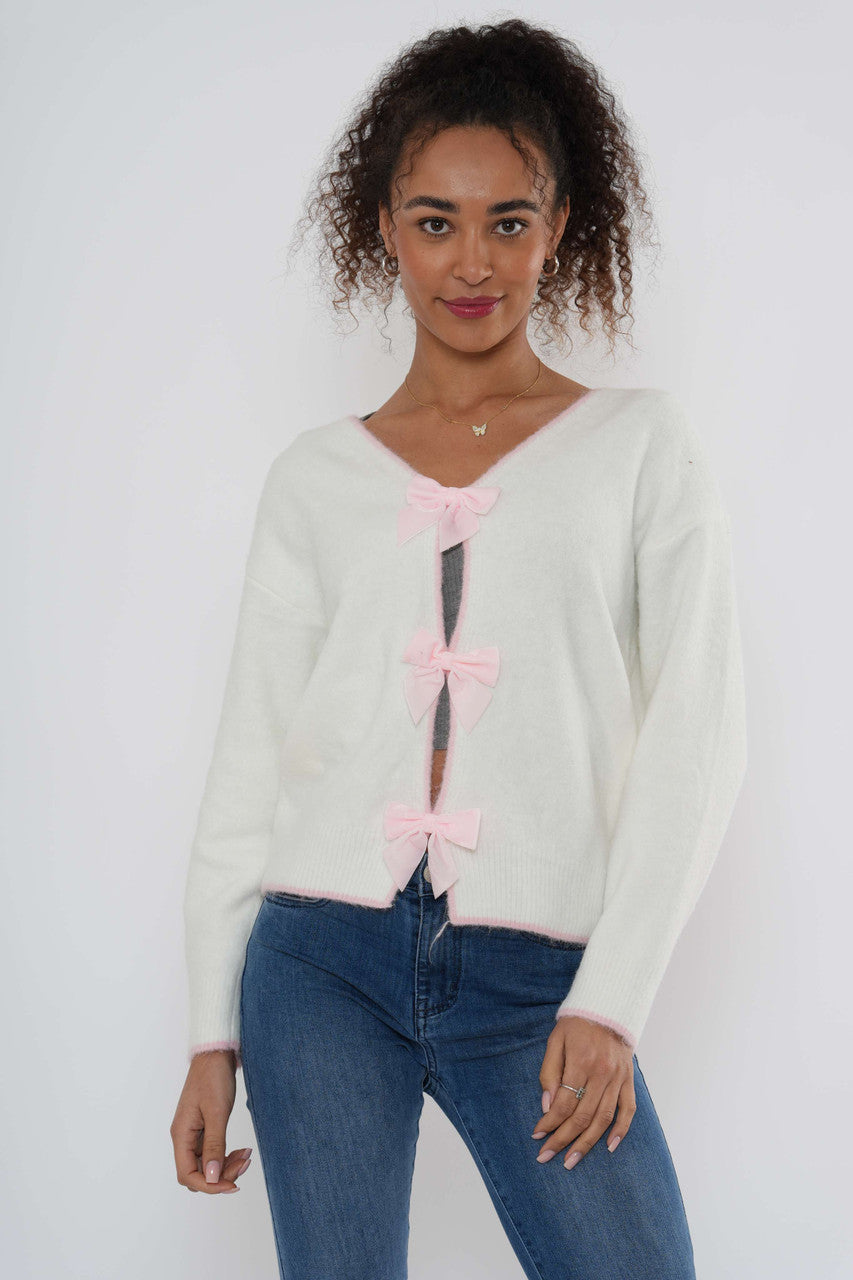 Copy of Bow Front Knit Cardigan – White