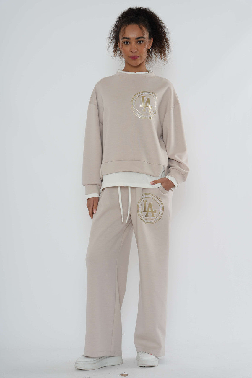 Logo-sweatshirt en wide-leg jogger co-ord – Beige