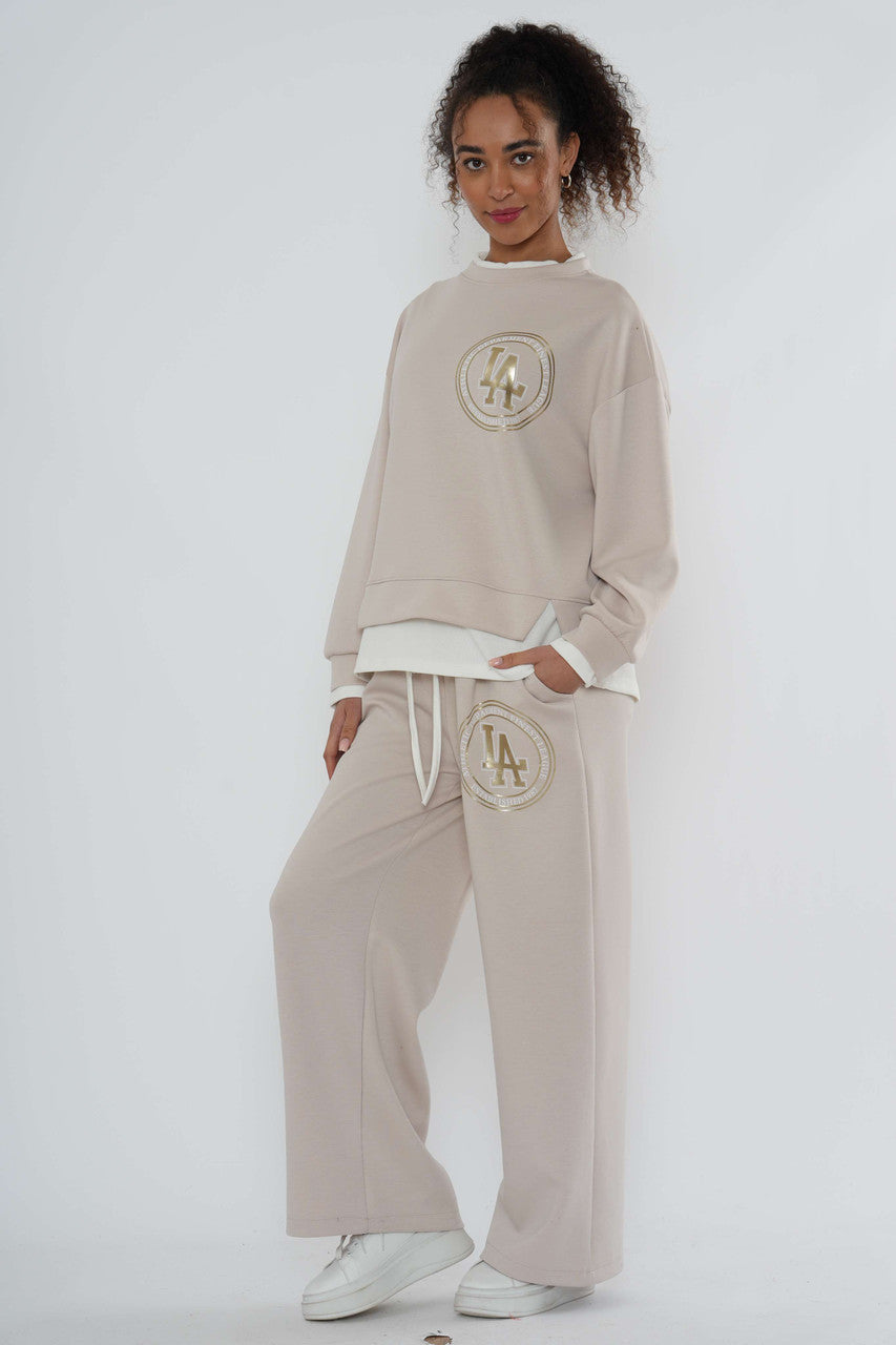 Logo-sweatshirt en wide-leg jogger co-ord – Beige