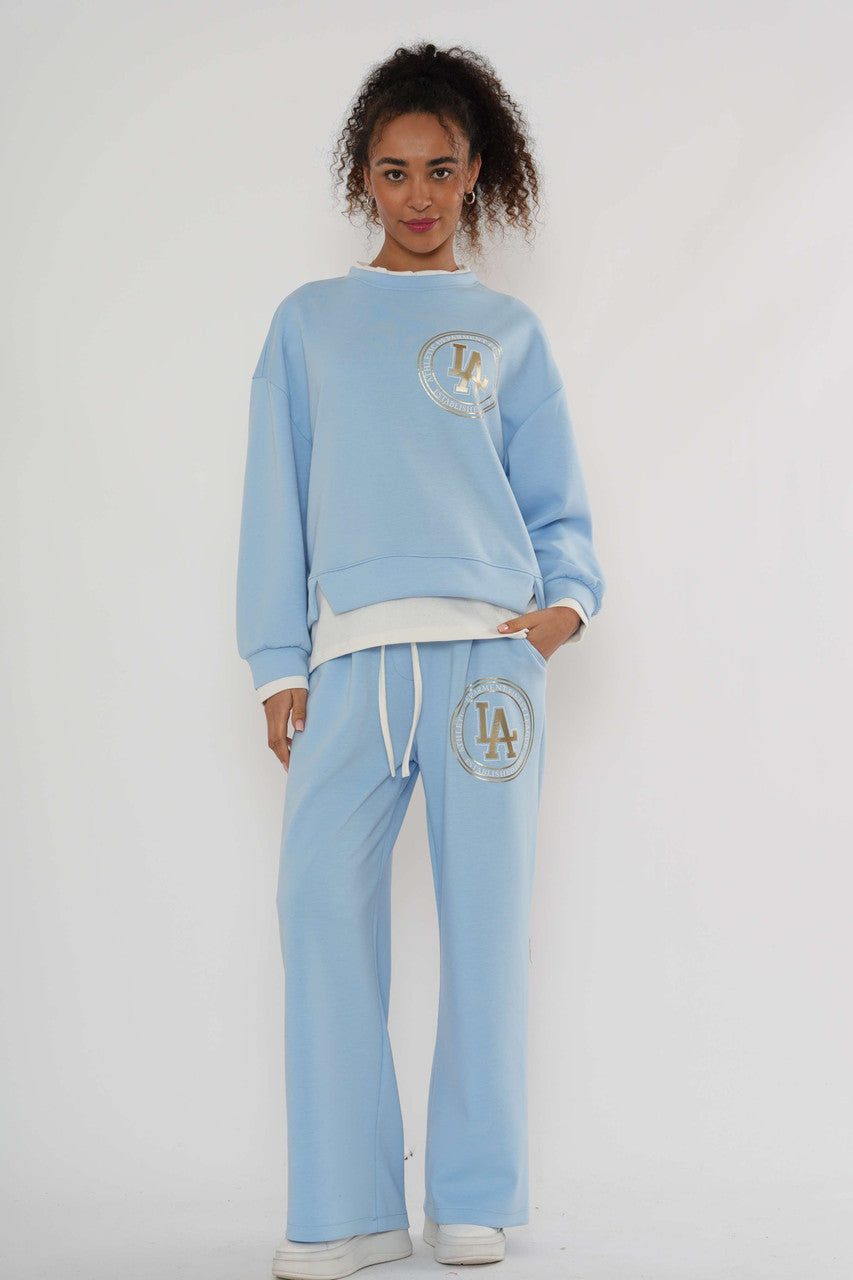 Logo Sweatshirt & Wide-Leg Jogger Co-Ord – Zachtblauw