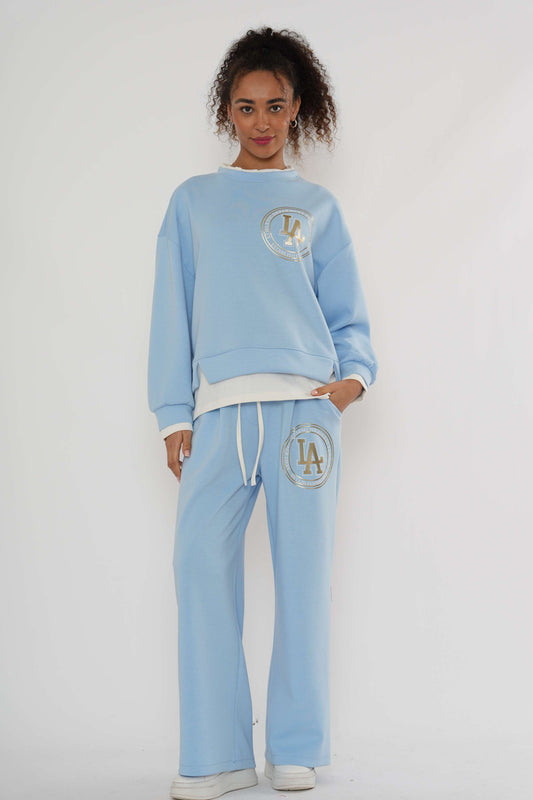 Logo Sweatshirt & Wide-Leg Jogger Co-Ord – Zachtblauw