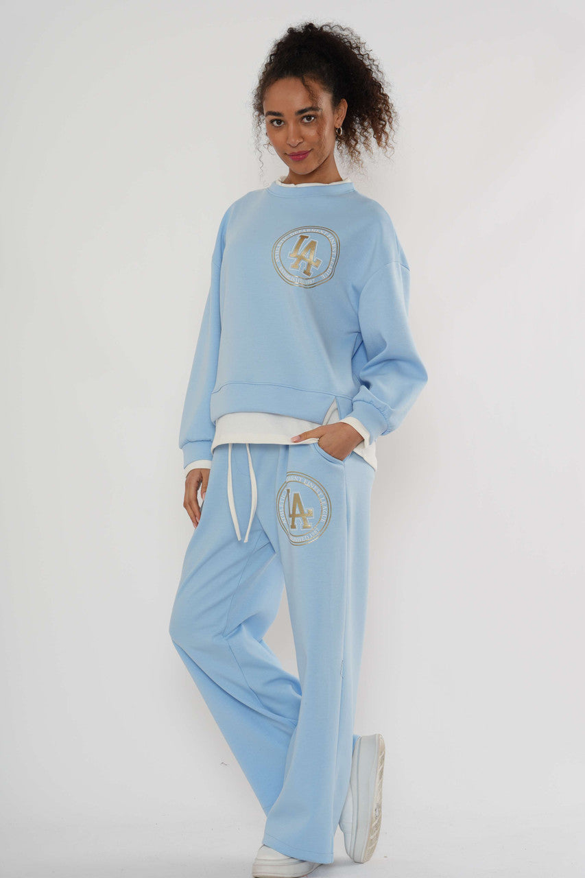 Logo Sweatshirt & Wide-Leg Jogger Co-Ord – Zachtblauw