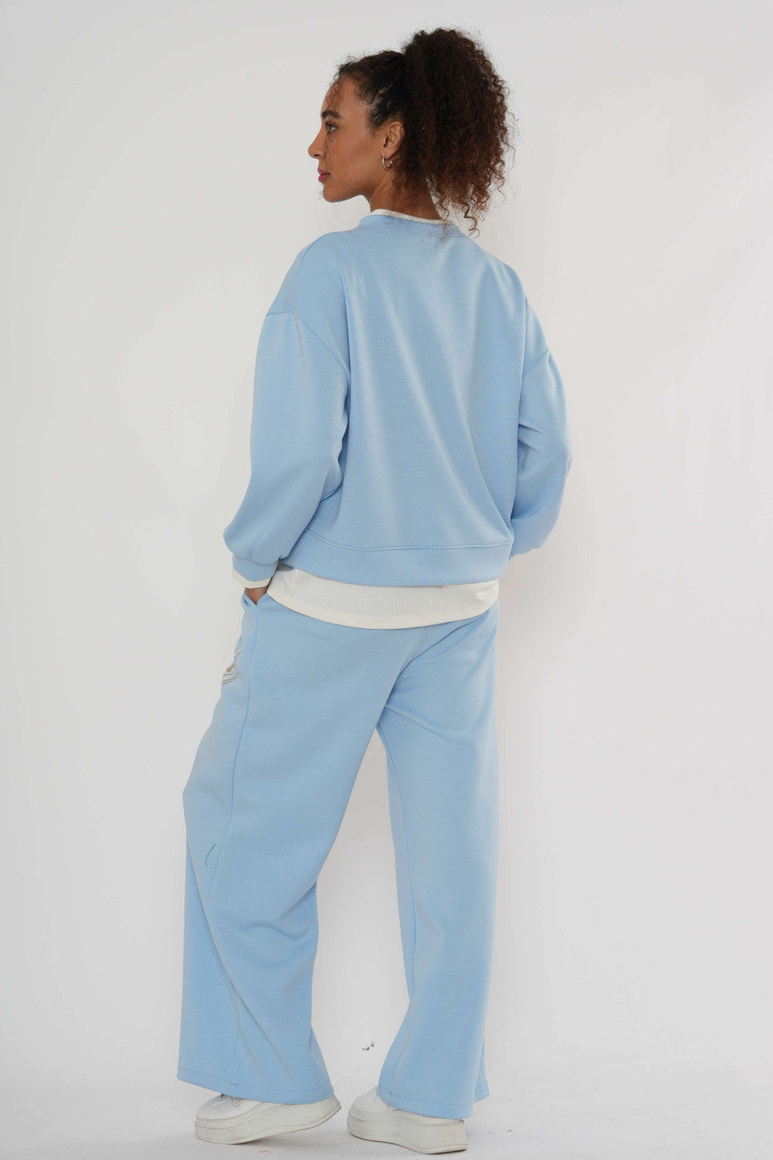 Logo Sweatshirt & Wide-Leg Jogger Co-Ord – Zachtblauw