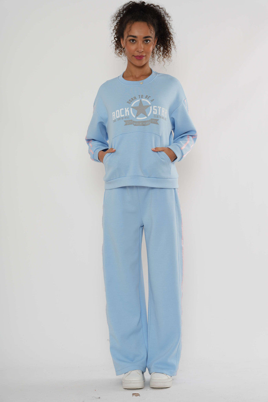Loungeset met print – Sweatshirt & Broek met wijde pijpen - Zachtblauw