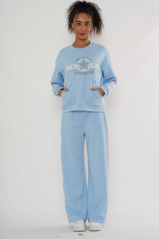 Loungeset met print – Sweatshirt & Broek met wijde pijpen - Zachtblauw