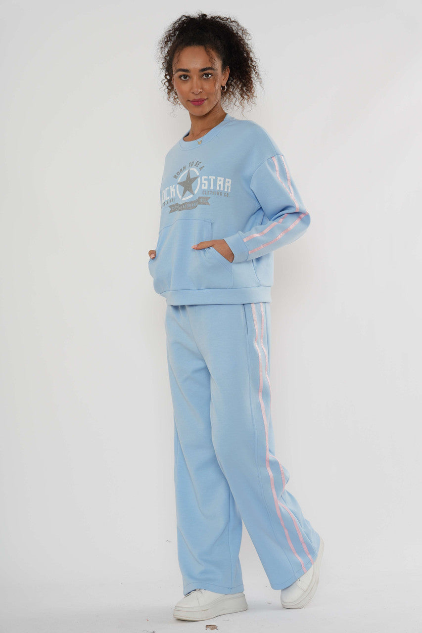 Loungeset met print – Sweatshirt & Broek met wijde pijpen - Zachtblauw