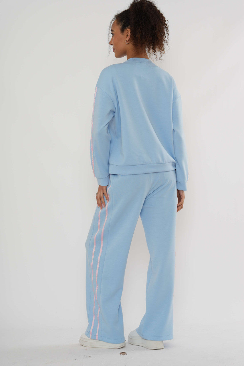 Loungeset met print – Sweatshirt & Broek met wijde pijpen - Zachtblauw