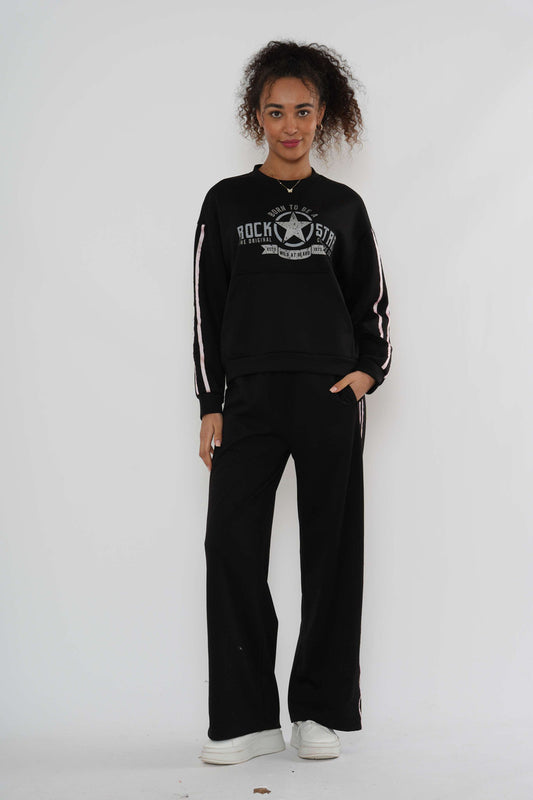 Graphic Lounge Set – Sweatshirt & Wide-Leg Broek - Zwart