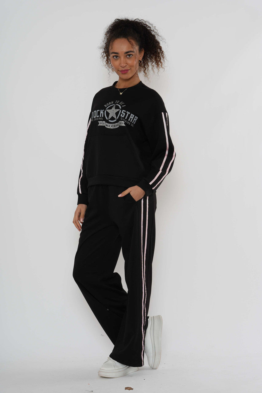 Graphic Lounge Set – Sweatshirt & Wide-Leg Broek - Zwart