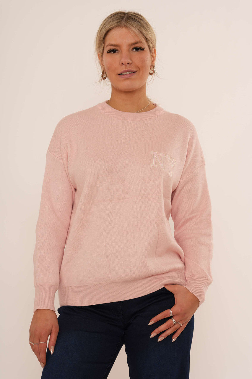 Varsity Knit Crew Neck Sweater – Soft Pink