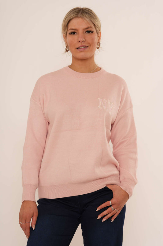 Varsity Knit Crew Neck Sweater – Soft Pink