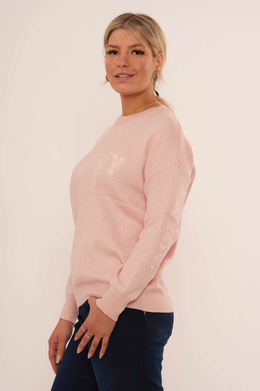 Varsity Knit Crew Neck Sweater – Soft Pink