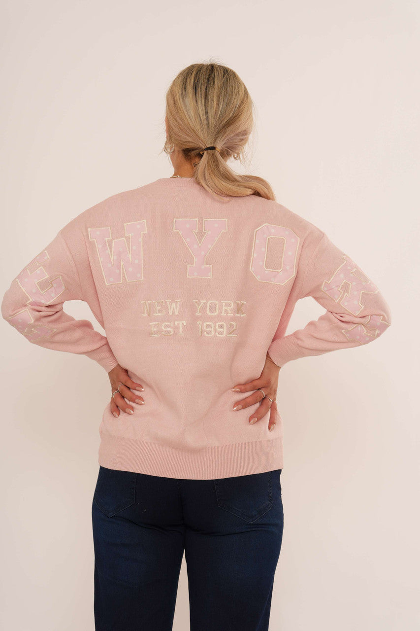 Varsity Knit Crew Neck Sweater – Soft Pink
