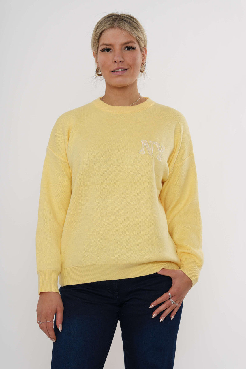 Varsity gebreide trui met ronde hals – Citroen