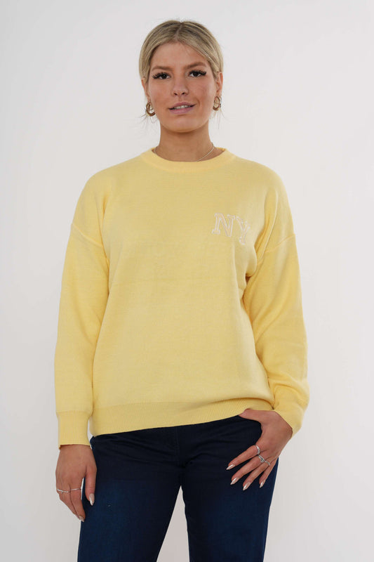 Varsity gebreide trui met ronde hals – Citroen