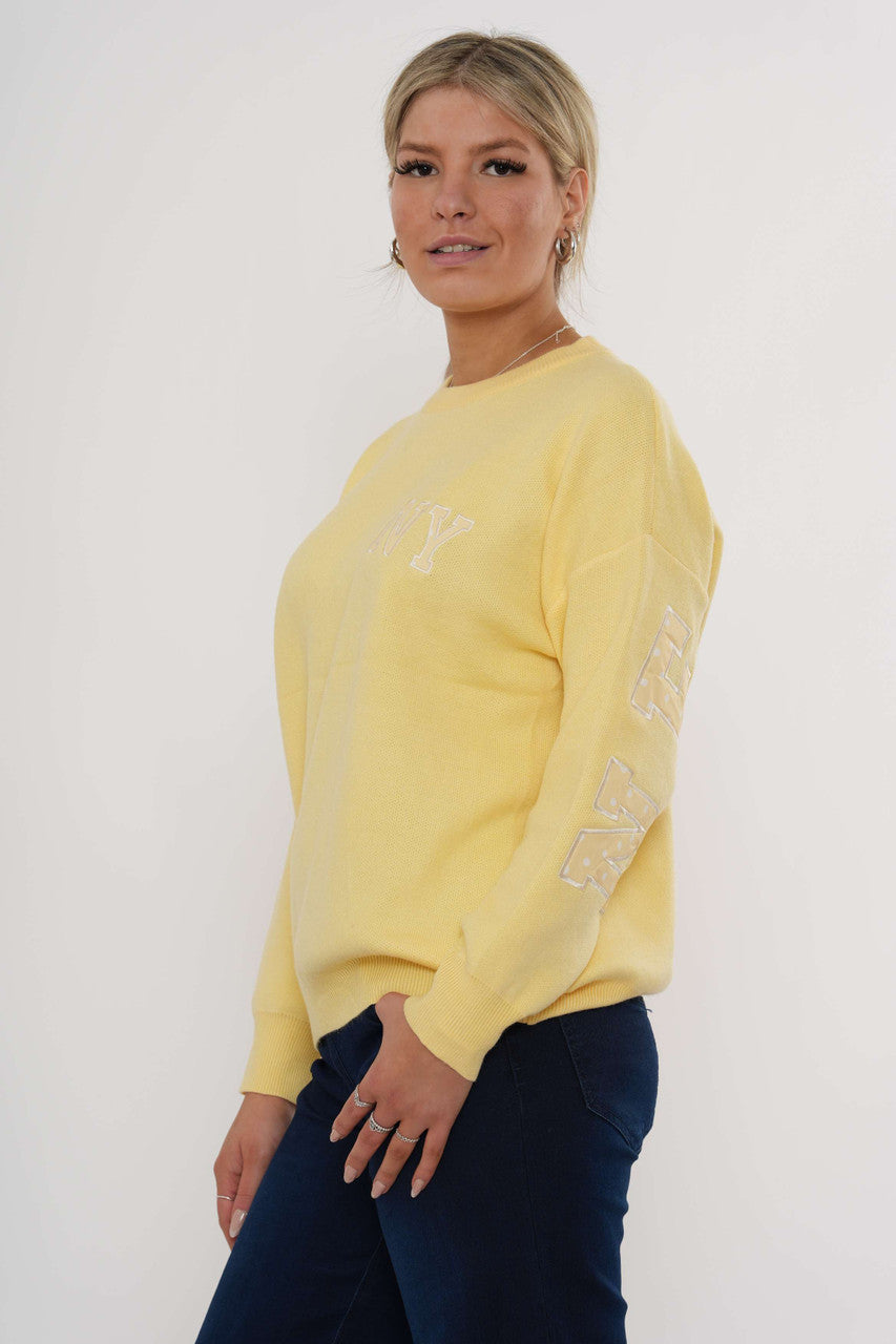 Varsity gebreide trui met ronde hals – Citroen