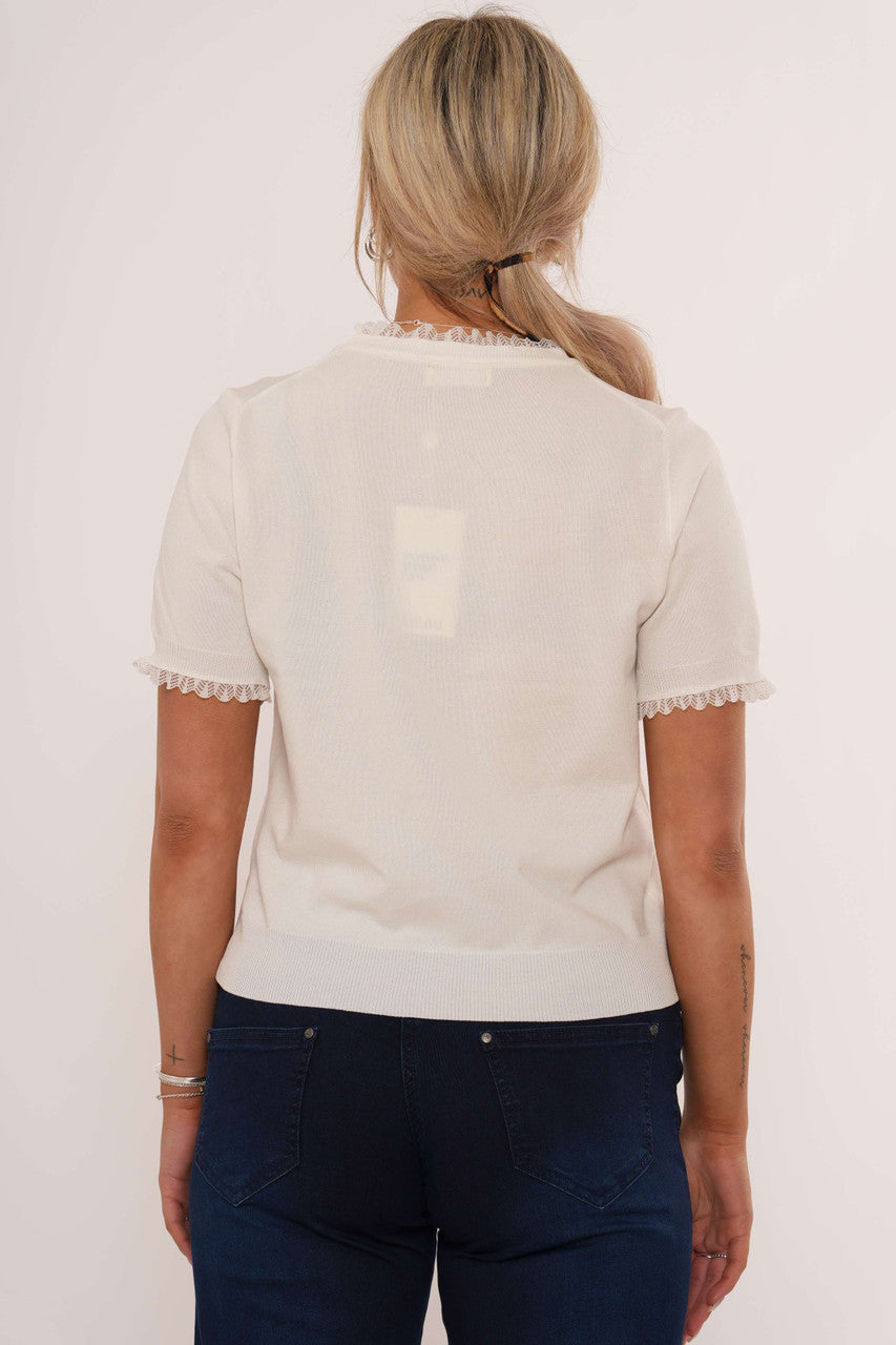 Gebreide Top met Kanten Rand en Diamantpatroon - Wit