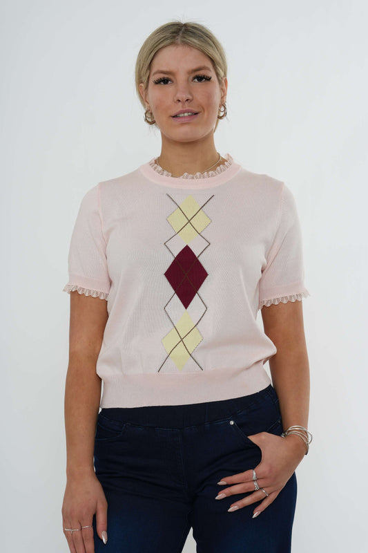 Lace Edge Diamond Knit Top - Pink