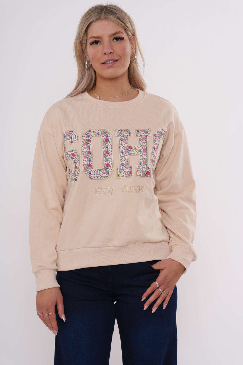 Varsity-sweatshirt met bloemenapplicatie - Beige