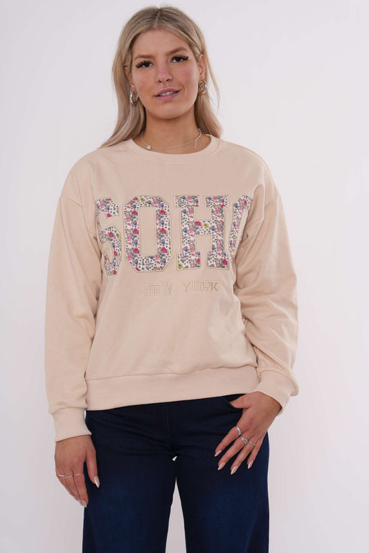 Varsity-sweatshirt met bloemenapplicatie - Beige