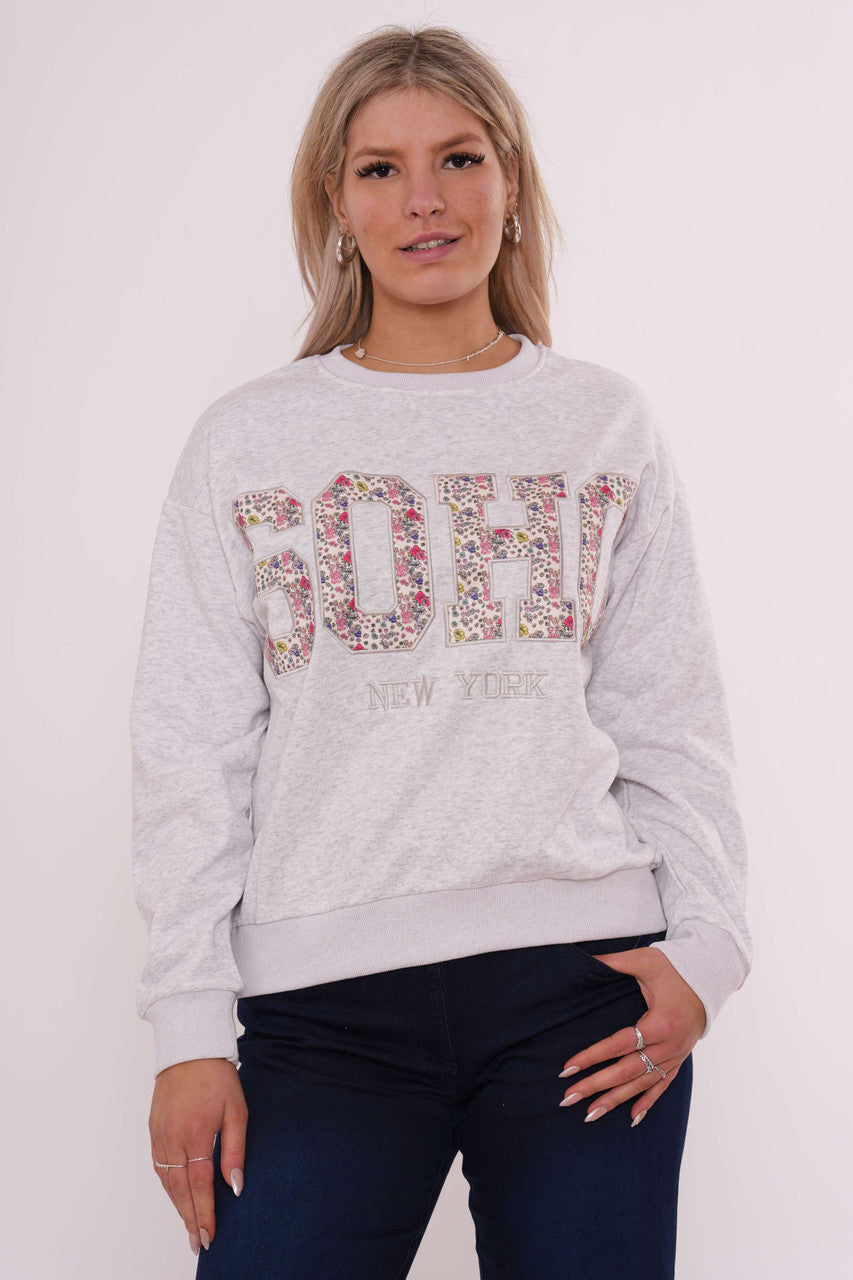 Varsity-sweater met bloemapplicaties - Lichtgrijs