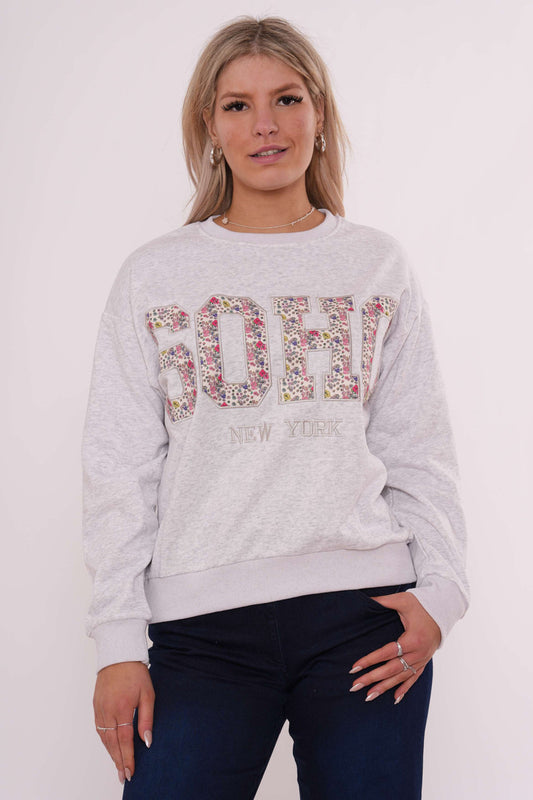 Varsity-sweater met bloemapplicaties - Lichtgrijs