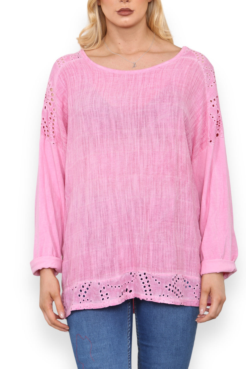 BRODERIE ANGLAISE SCHOUDER- & ZOOMDETAIL TOP BUBBLEGUM ROZE