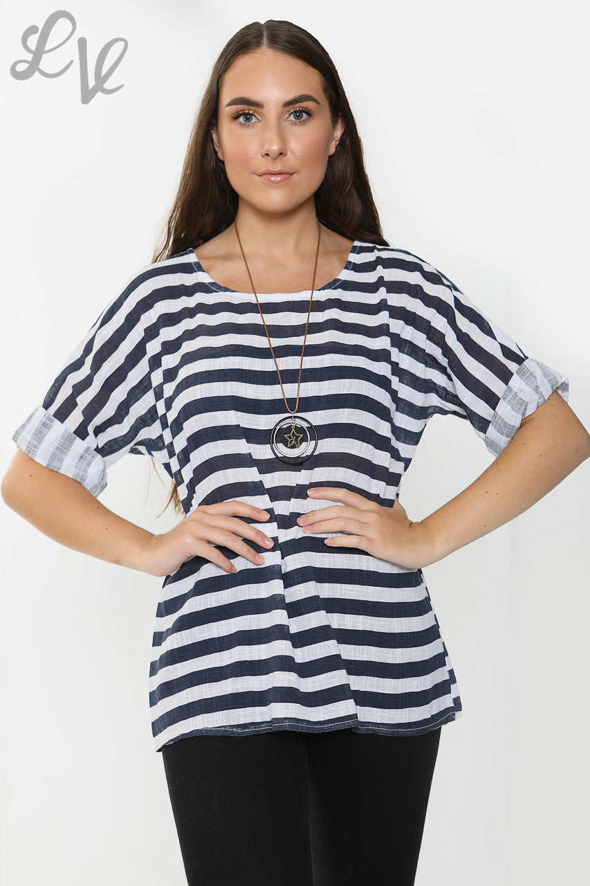 Ladies Wide Stripe Top White/Navy - Unit Price £8.99