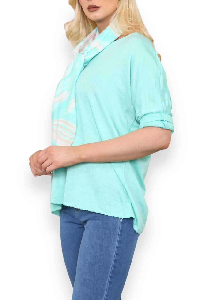 PLAIN FINE KNIT TOP WITH PRINTED SILKY SCARF MINT GREEN