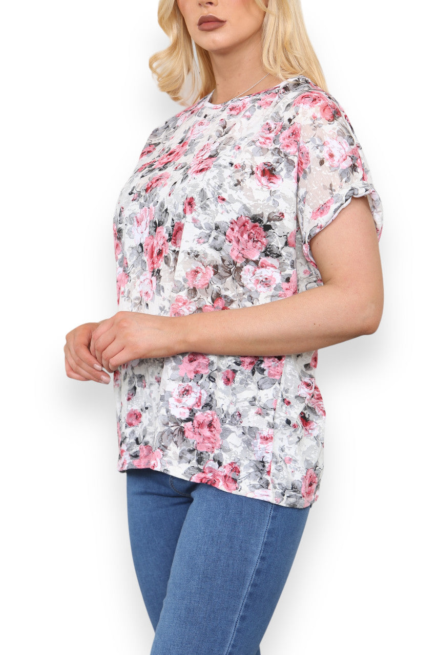 BURNOUT ROSE PRINT TOP WHITE