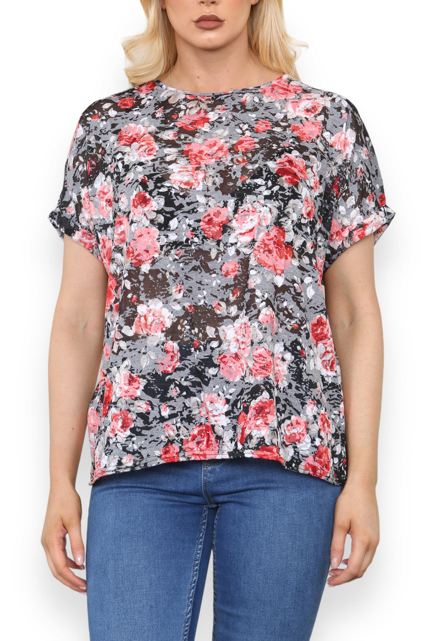BURNOUT ROSE PRINT TOP BLACK