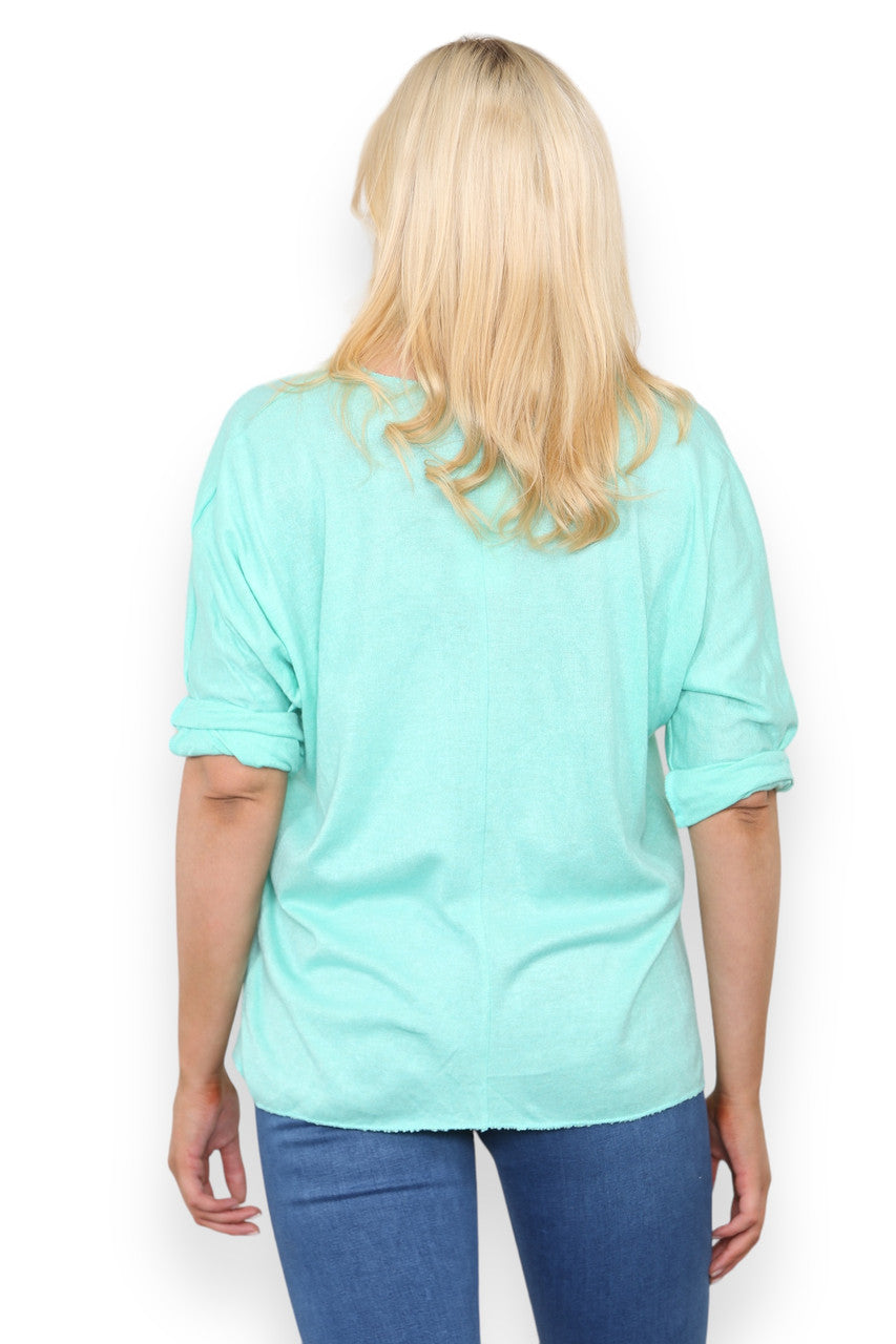 PLAIN FINE KNIT TOP WITH PRINTED SILKY SCARF MINT GREEN
