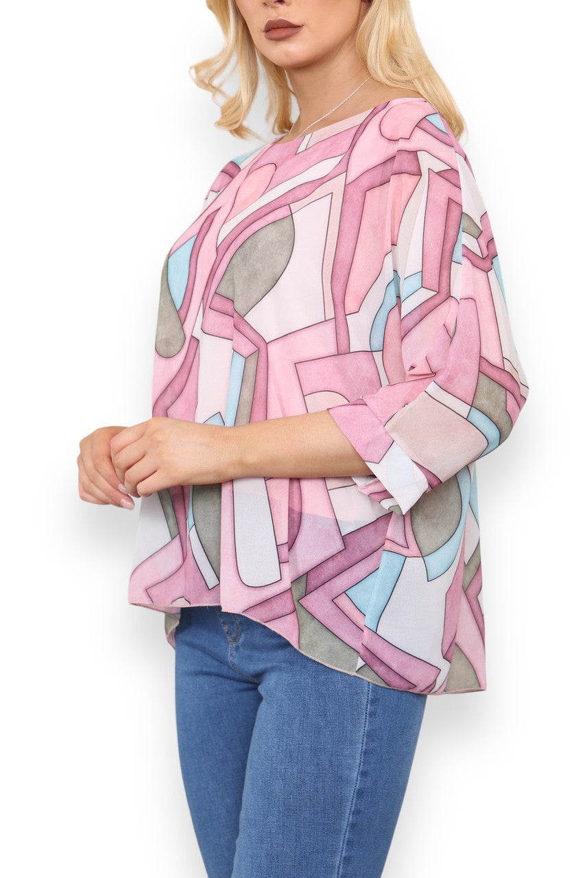 GEOMETRIC SHAPES PRINT BLOUSE TOP PINK