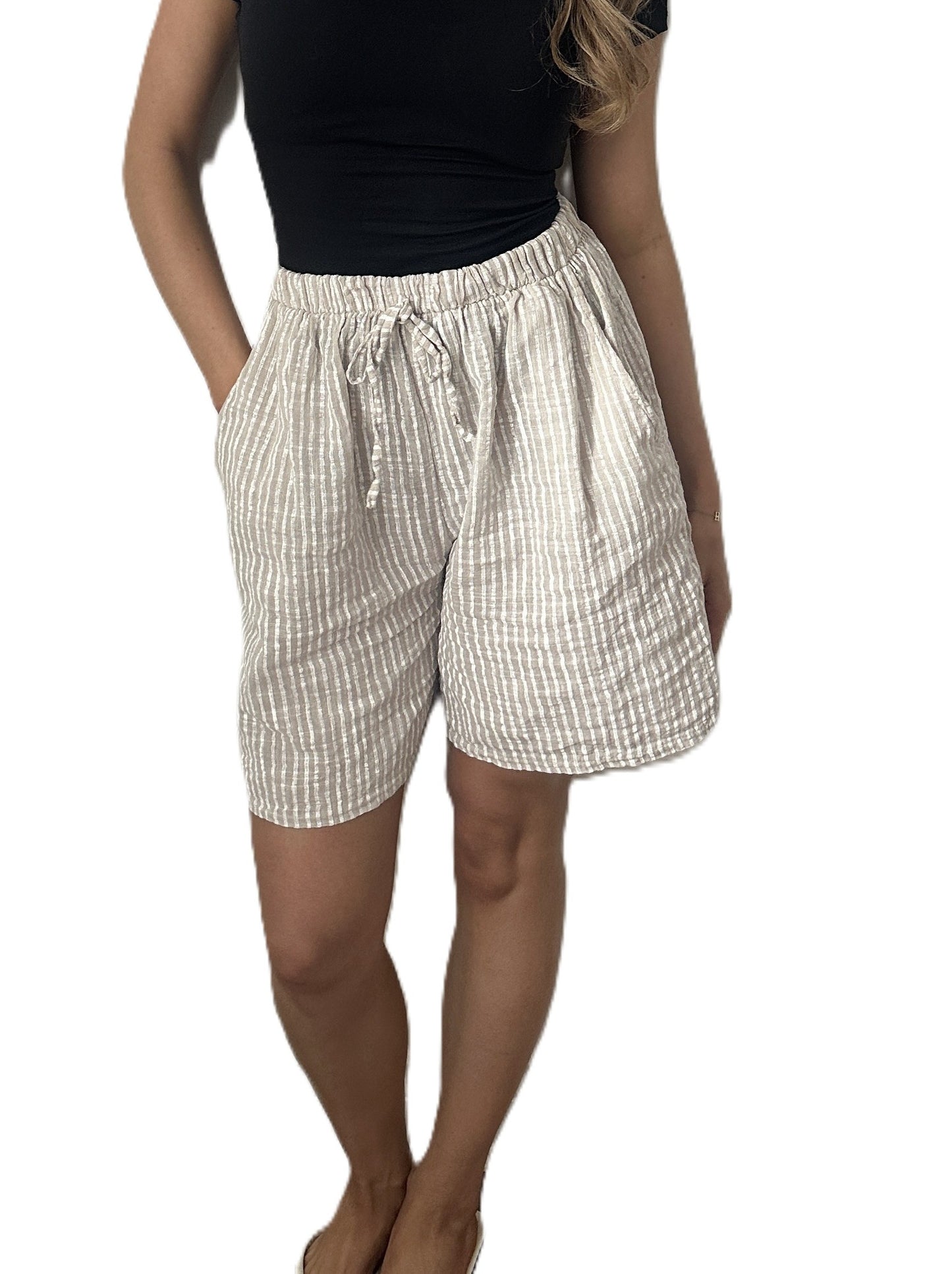 Striped Linen-Blend Drawstring Shorts