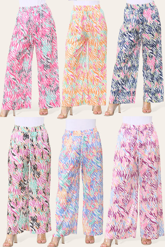 BROEK MET PLOOIEN, BREDE PIJPEN, DIERENPRINT EN ELASTISCHE TAILLEBAND