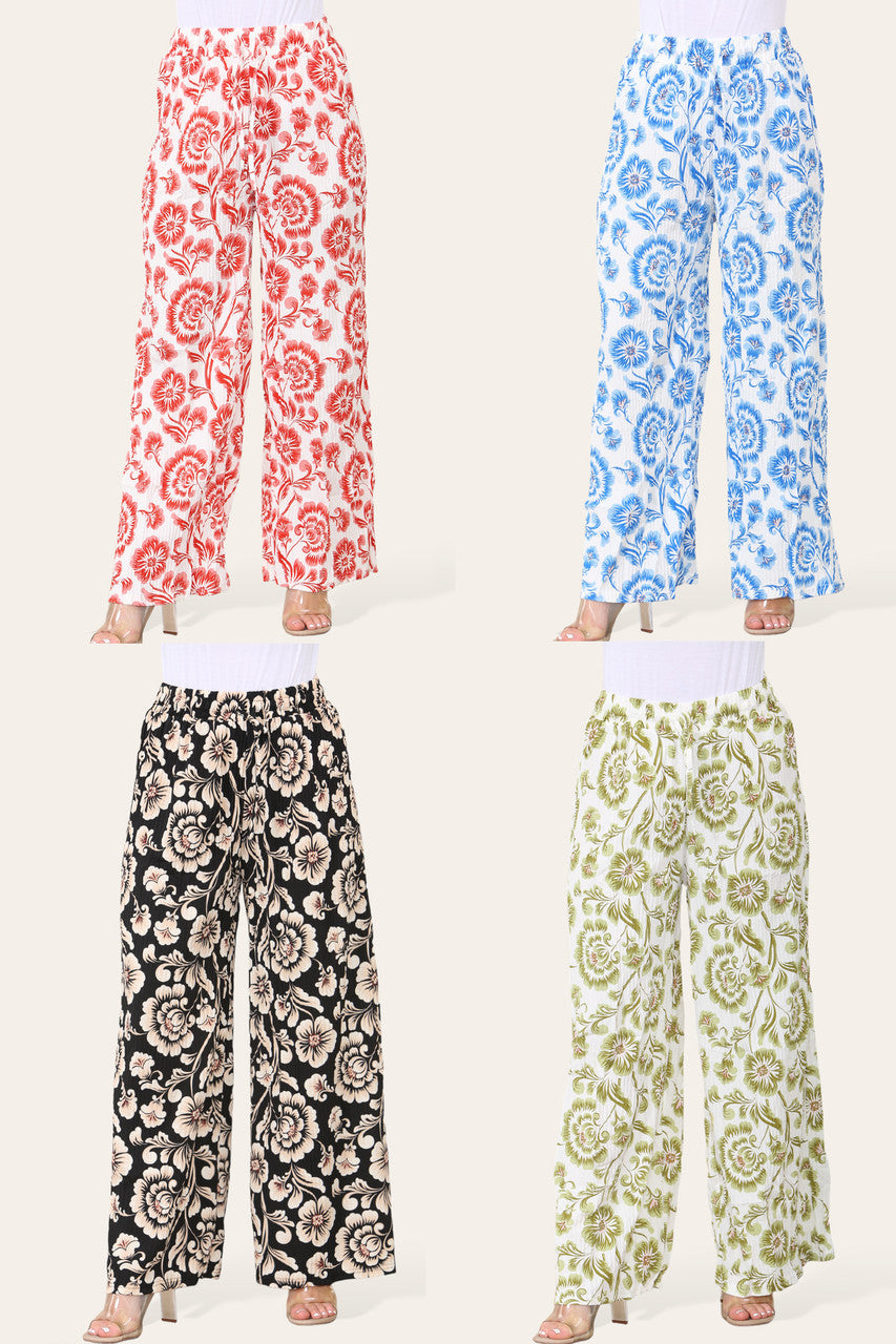 BROEK MET ELASTISCHE TAILLE, WIJDE PIJPEN, GEPLOOID EN MET BLOEMEN BAROKPRINT