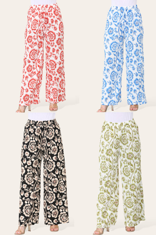 BROEK MET ELASTISCHE TAILLE, WIJDE PIJPEN, GEPLOOID EN MET BLOEMEN BAROKPRINT