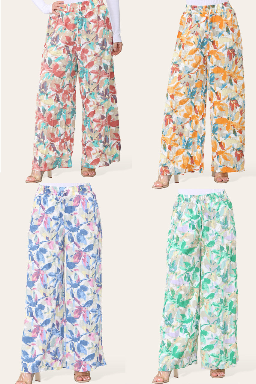 ELASTICATED WAIST WIDE LEG PLEATED LEAF PRINT TROUSER