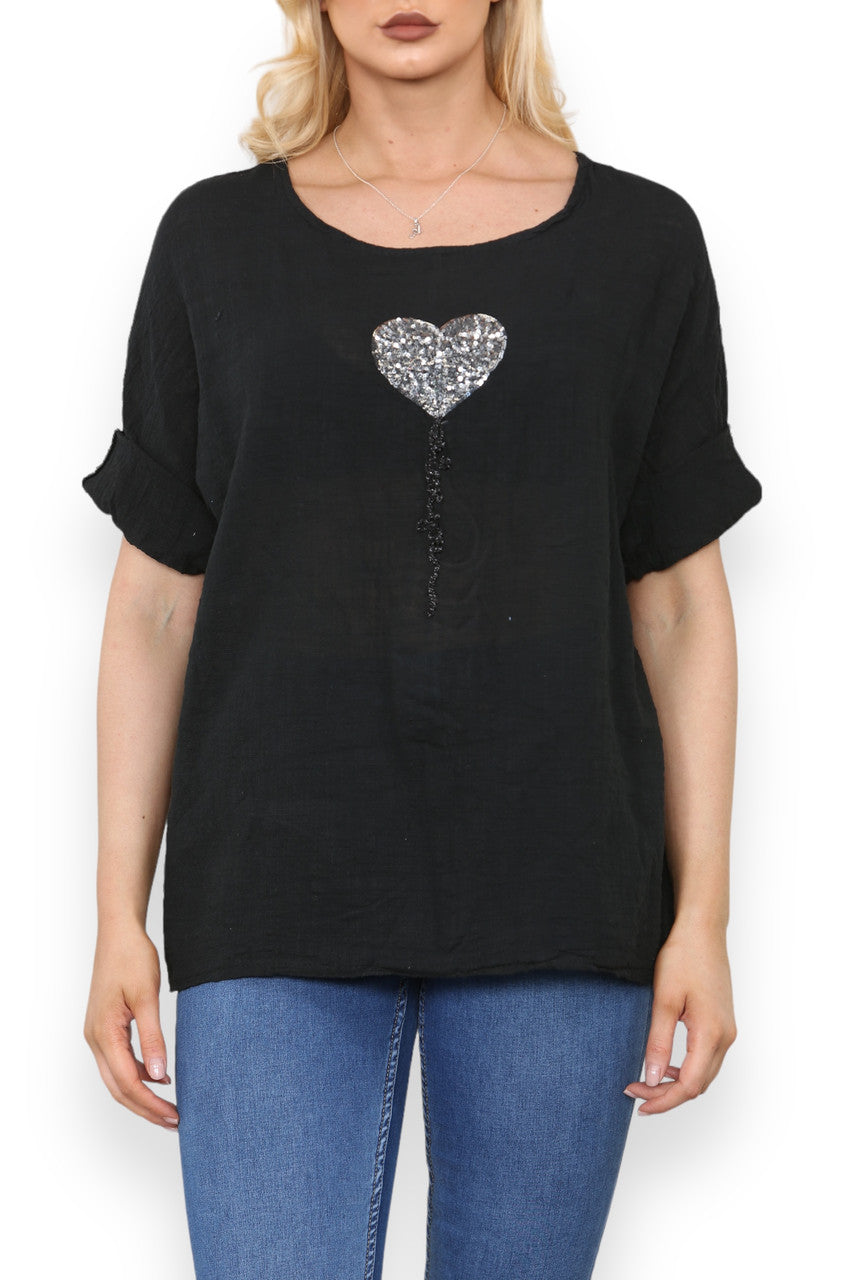BALLOON HEART SEQUIN TOP BLACK