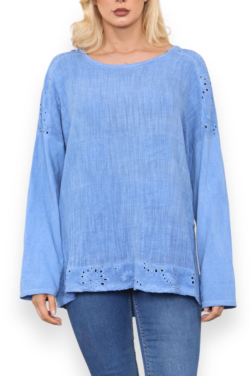BRODERIE ANGLAISE SCHOUDER & ZOOM DETAIL TOP BLAUW