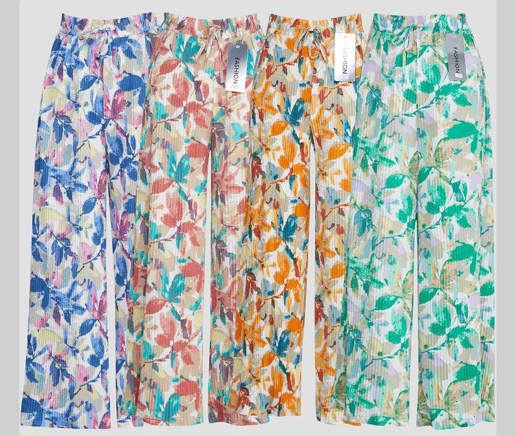 ELASTICATED WAIST WIDE LEG PLEATED LEAF PRINT TROUSER