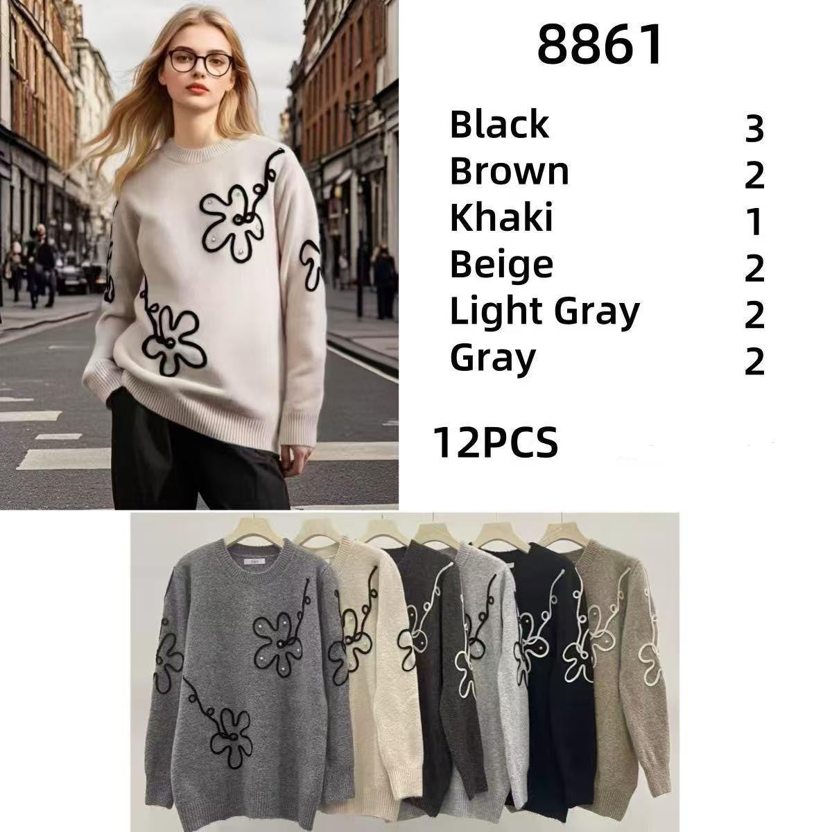 PEARL EMBELLISHED FLOWER EMBROIDERY KNIT JUMPER -  GREY