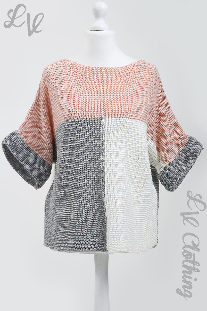 Dames gebreide trui met kleurblokken stofroze/grijs - Prijs per eenheid WAS € 9,99
