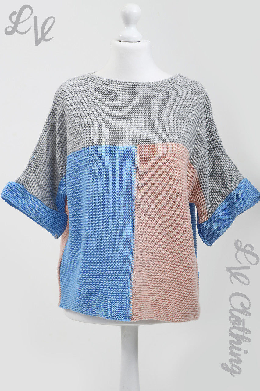 Ladies Block Colour Knitted Jumper Dusty Pink/Denim - Unit Price £9.99