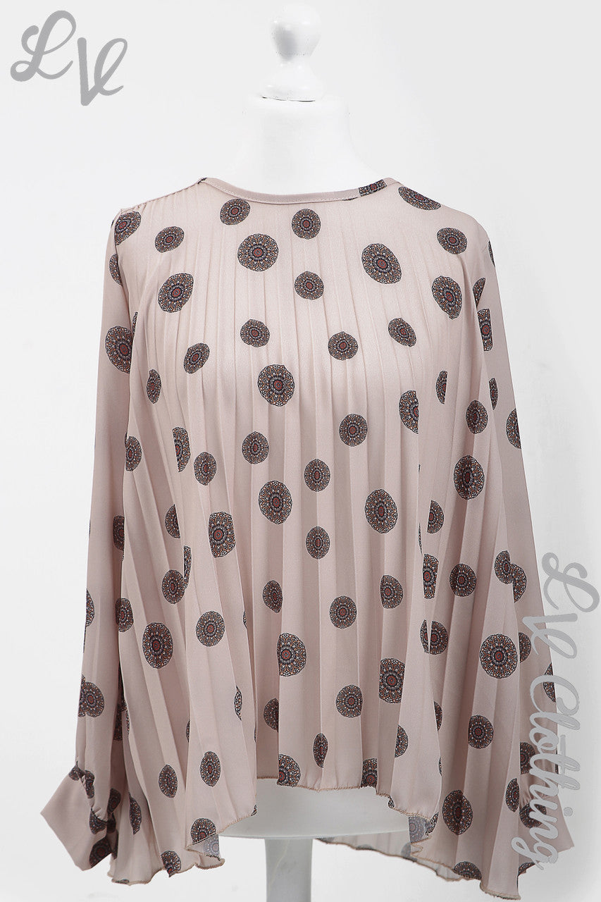 Ladies Circle Tribal Print Pleated Blouse Stone - Unit Price £10.99