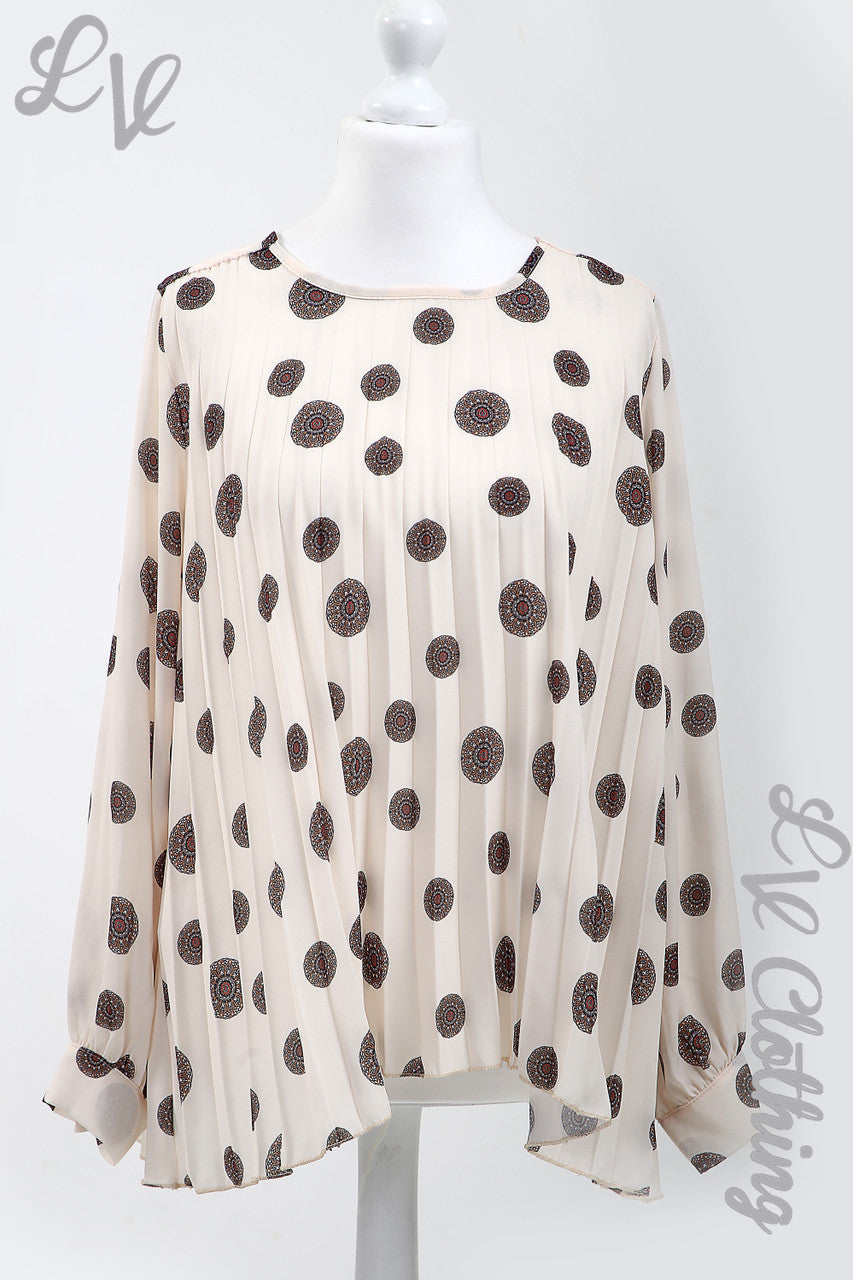 Ladies Circle Tribal Print Pleated Blouse Cream - Unit Price £10.99